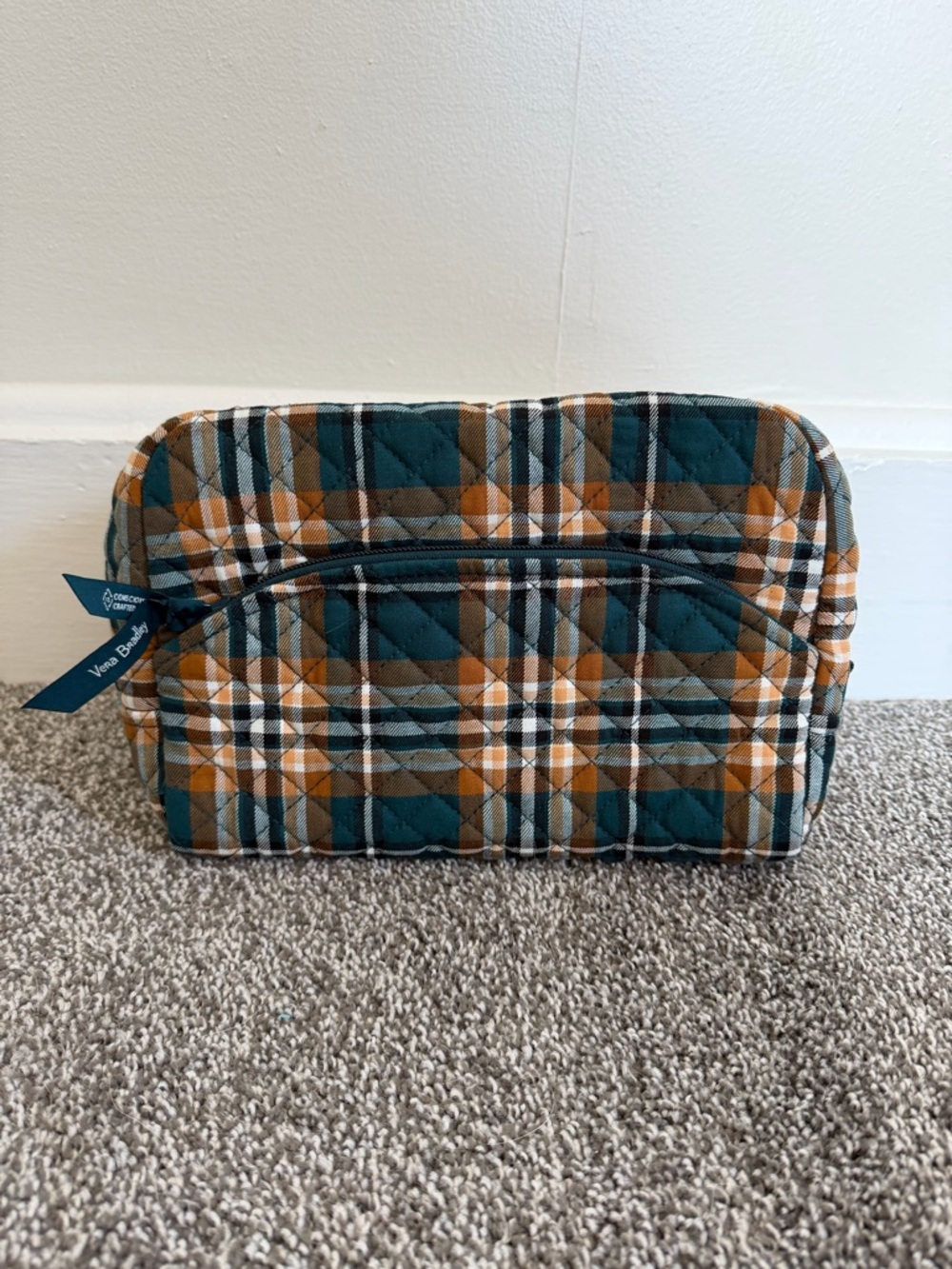 Vera Bradley Quilted Plaid Tote and Cosmetic Pouch in Teal, Brown, White - Picture 5 of 6
